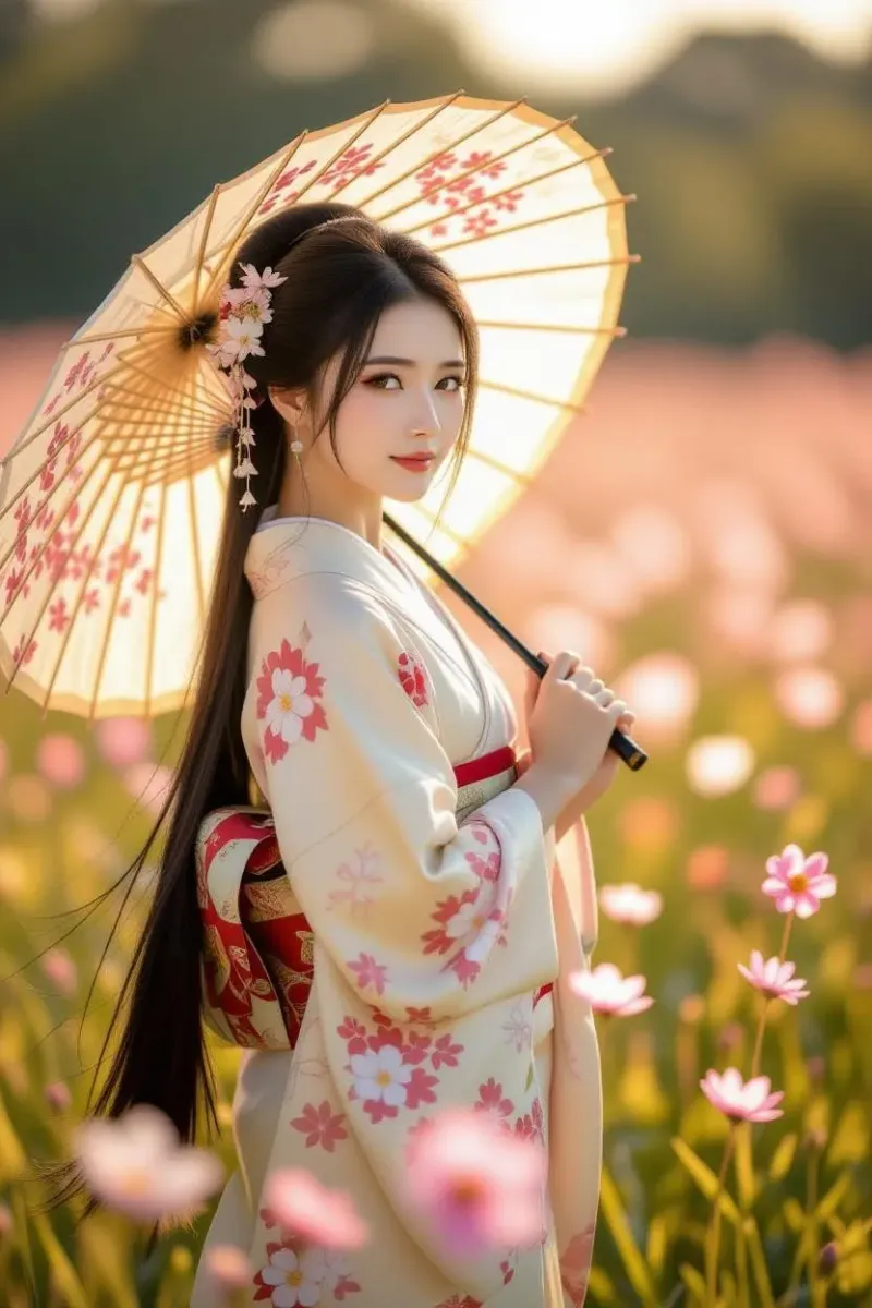 着物美人とコスモス