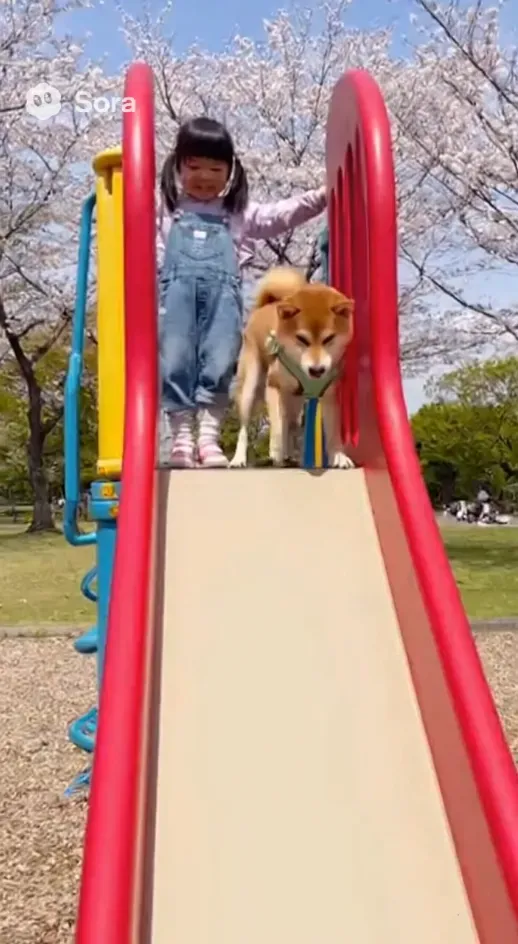 女の子とすべり台で遊ぶ柴犬
