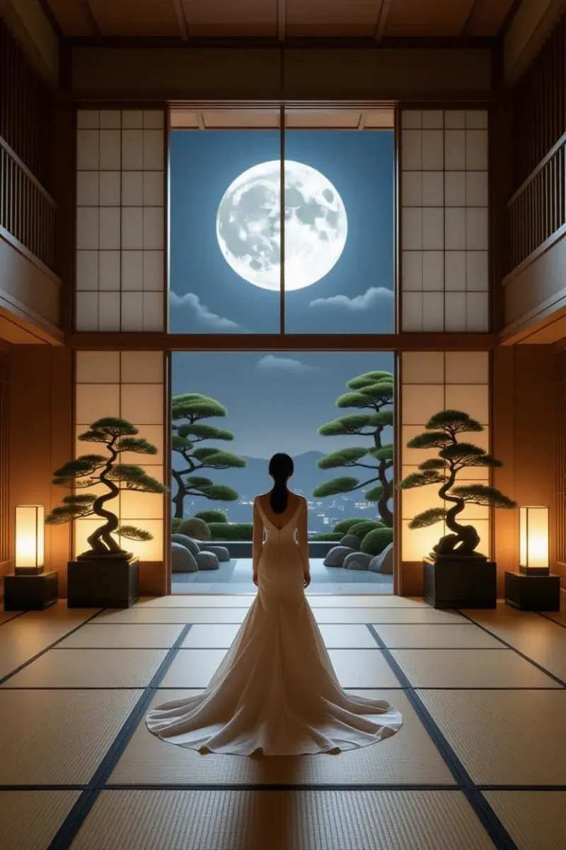 月とドレス姿の女性